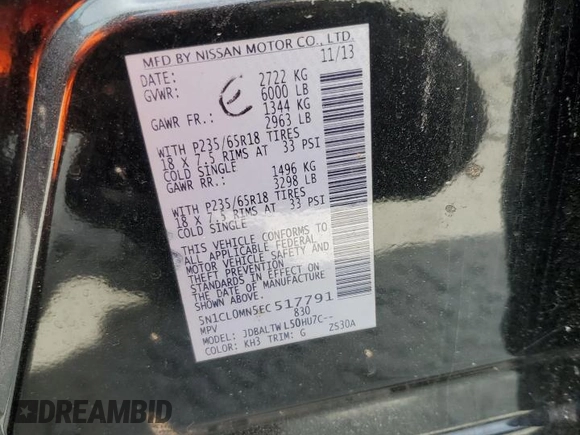 2014 Infiniti QX60 Hybrid with VIN 5N1CL0MN5EC517791, listed as a Copart auction lot 55144255 with 182,504 mi miles and Clean Title. Bid and sale history available at DreamBid. Image 13.