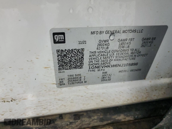 2022 Chevrolet Traverse LT z VIN 1GNEVHKW6NJ105898, wystawiony jako Copart lot #50015715 z przebiegiem 93 269 mil mil oraz Szkoda całkowita • Salvage title. Historia ofert i sprzedaży dostępna na DreamBid. Obrazek 13.