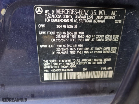 1999 Mercedes-Benz M-Class with VIN 4JGAB72E4XA096215, listed as a Copart auction lot 88049355 with 0 mi miles and Salvage Title. Bid and sale history available at carsss.com. Image 12.