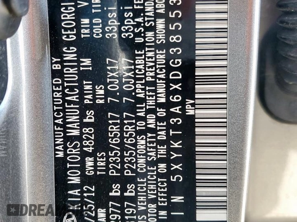 2013 Kia Sorento LX with VIN 5XYKT3A6XDG385538, listed as a Copart auction lot 45999785 with 162,361 mi miles and Salvage Title. Bid and sale history available at carsss.com. Image 13.