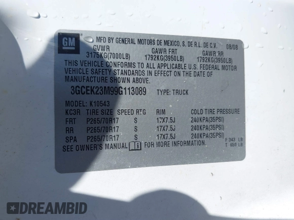 2009 Chevrolet Silverado 1500 LT with VIN 3GCEK23M99G113089, listed as a IAAI auction lot 41628802 with 227,093 mi miles and . Bid and sale history available at DreamBid. Image 9.