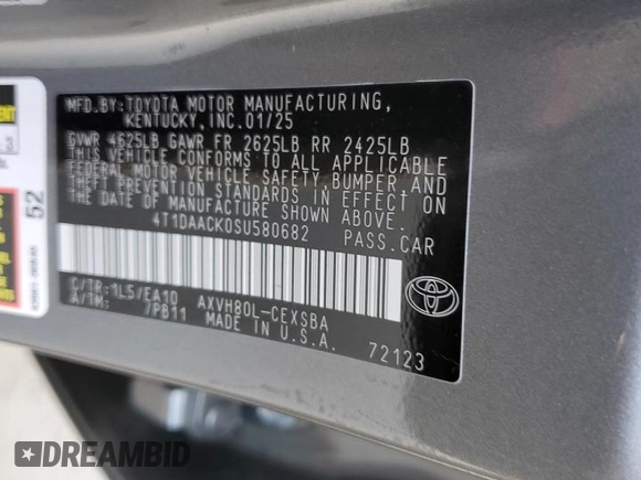 2025 Toyota Camry LE with VIN 4T1DAACK0SU580682, listed as a Copart auction lot 47941475 with 1,438 mi miles and Salvage Title. Bid and sale history available at carsss.com. Image 14.
