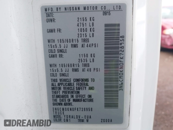 2015 Nissan NV200 SV with VIN 3N6CM0KN0FK728958, listed as a IAAI auction lot 41938350 with 192,240 mi miles. Bid and sale history available at carsss.com. Image 9.