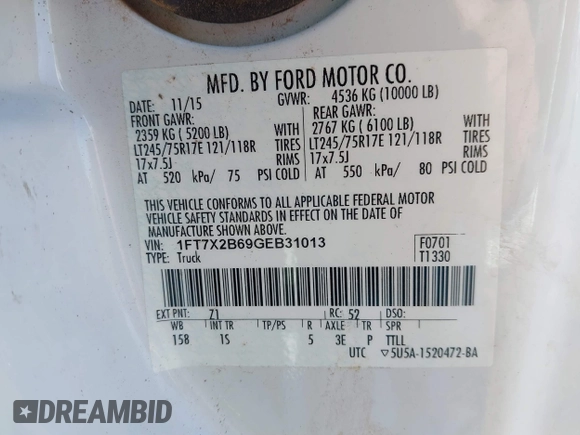 2016 Ford Super Duty F-250 SRW XLT with VIN 1FT7X2B69GEB31013, listed as a IAAI auction lot 41168398 with 157,138 mi miles. Bid and sale history available at carsss.com. Image 9.