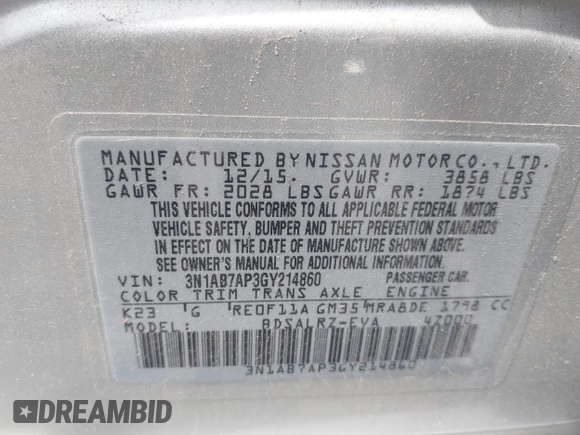2016 Nissan Sentra SV with VIN 3N1AB7AP3GY214860, listed as a IAAI auction lot 42135830 with 58,241 mi miles and . Bid and sale history available at DreamBid. Image 9.