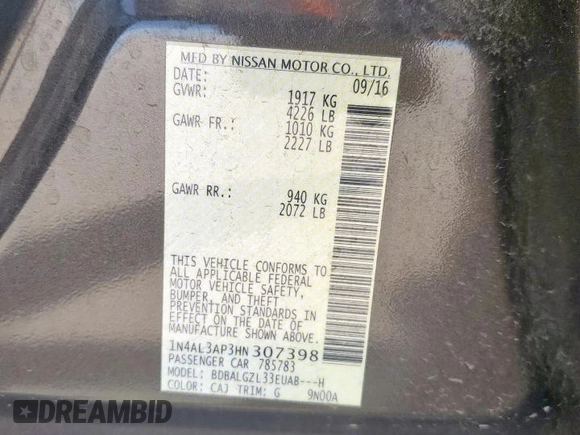 2017 Nissan Altima SR with VIN 1N4AL3AP3HN307398, listed as a Copart auction lot 51466975 with 184,420 mi miles and Salvage Title. Bid and sale history available at DreamBid. Image 12.