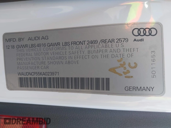 2019 Audi A5 Sportback Premium with VIN WAUDNCF55KA023971, listed as a IAAI auction lot 41590436 with 78,824 mi miles. Bid and sale history available at carsss.com. Image 9.