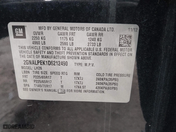 2013 Chevrolet Equinox LT with VIN 2GNALPEK1D6212490, listed as a IAAI auction lot 41898688 with 178,675 mi miles. Bid and sale history available at carsss.com. Image 9.