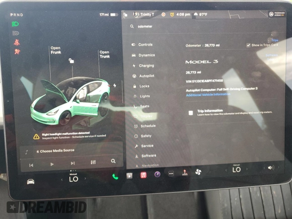 2023 Tesla Model 3 z VIN 5YJ3E1EA8PF471458, wystawiony jako Copart lot #60953035 z przebiegiem 26 773 mil mil oraz Szkoda całkowita • Salvage title. Historia ofert i sprzedaży dostępna na DreamBid. Obrazek 9.