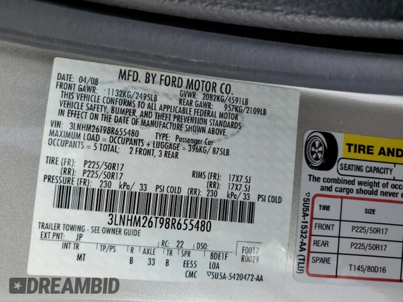 2008 Lincoln MKZ with VIN 3LNHM26T98R655480, listed as a Copart auction lot 49313205 with 68,106 mi miles and Salvage Title. Bid and sale history available at carsss.com. Image 12.