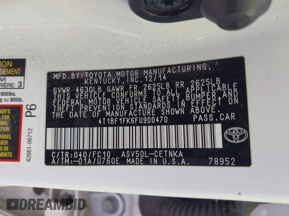 2015 Toyota Camry XLE with VIN 4T1BF1FK6FU900470, listed as a IAAI auction lot 41958737 with 76,361 mi miles. Bid and sale history available at carsss.com. Image 9.