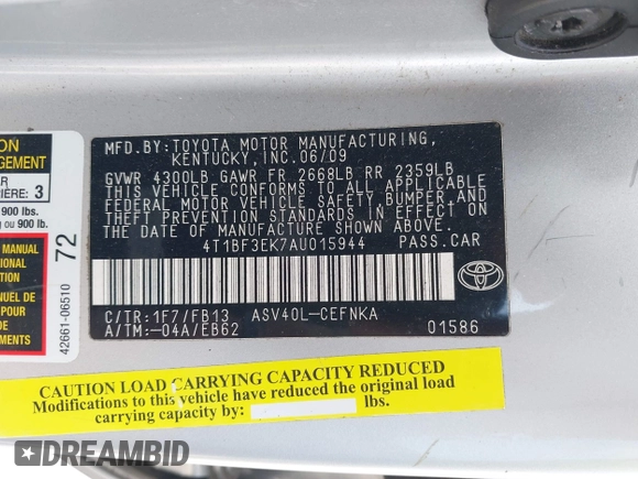 2010 Toyota Camry with VIN 4T1BF3EK7AU015944, listed as a IAAI auction lot 42128919 with 187,518 mi miles and . Bid and sale history available at DreamBid. Image 9.