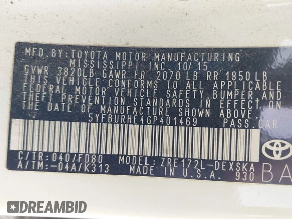 2016 Toyota Corolla L with VIN 5YFBURHE4GP401469, listed as a IAAI auction lot 42083642 with 204,258 mi miles and . Bid and sale history available at DreamBid. Image 9.