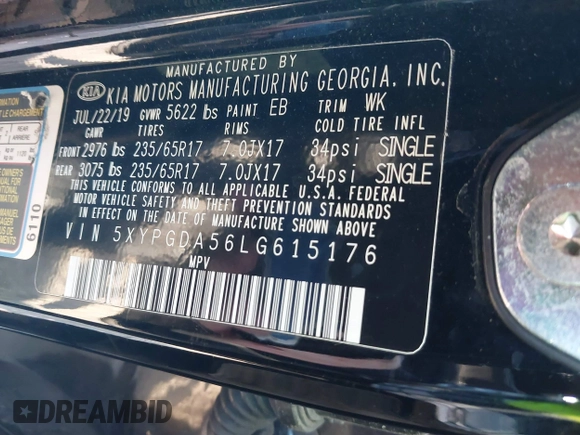 2020 Kia Sorento LX V6 with VIN 5XYPGDA56LG615176, listed as a IAAI auction lot 40988241 with 103,338 mi miles. Bid and sale history available at carsss.com. Image 9.