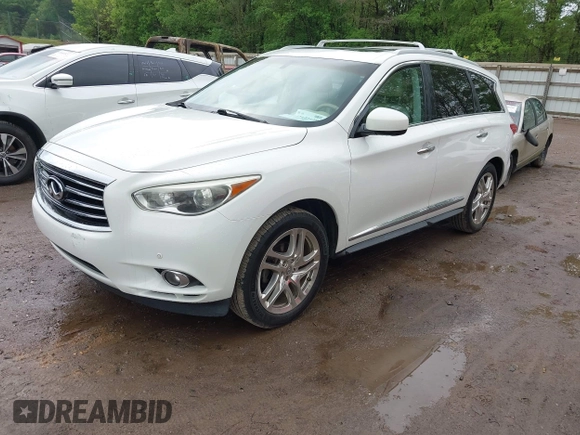 2013 Infiniti JX35 with VIN 5N1AL0MM2DC330361, listed as a IAAI auction lot 42072538 with 183,624 mi miles. Bid and sale history available at carsss.com. Image 2.