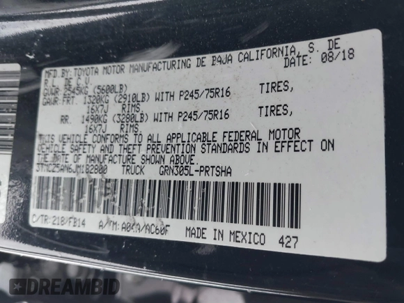 2018 Toyota Tacoma SR with VIN 3TMCZ5AN6JM182800, listed as a IAAI auction lot 41524950 with 63,838 mi miles and . Bid and sale history available at DreamBid. Image 9.
