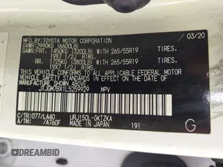2020 Lexus GX 460 Luxury with VIN JTJGM7BX1L5259929, listed as a IAAI auction lot 41688600 with Not Provided miles and . Bid and sale history available at DreamBid. Image 9.