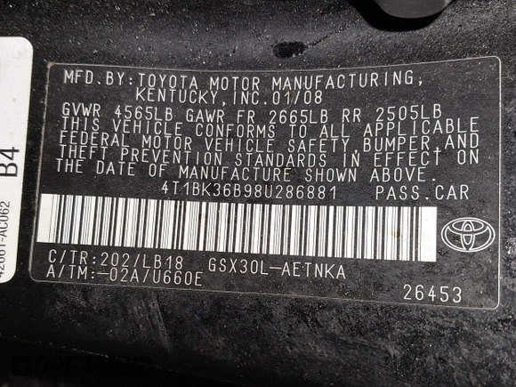 2008 Toyota Avalon XL with VIN 4T1BK36B98U286881, listed as a IAAI auction lot 41873012 with 176,054 mi miles. Bid and sale history available at carsss.com. Image 9.