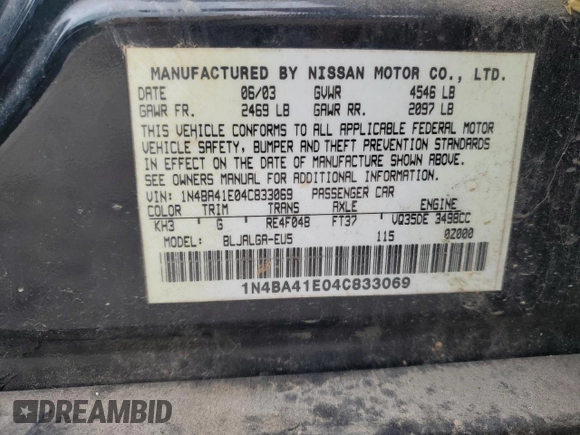 2004 Nissan Maxima SE with VIN 1N4BA41E04C833069, listed as a Copart auction lot 72432914 with 173,943 mi miles and Salvage Title. Bid and sale history available at carsss.com. Image 12.