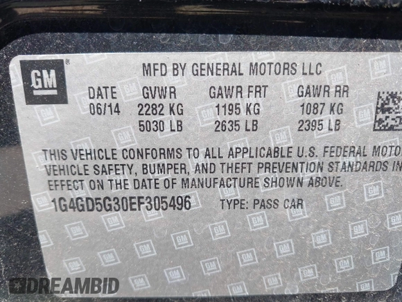 2014 Buick LaCrosse Premium I with VIN 1G4GD5G30EF305496, listed as a IAAI auction lot 42270646 with 210,038 mi miles and . Bid and sale history available at DreamBid. Image 9.