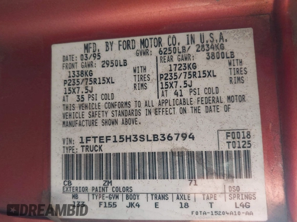 1995 Ford F-150 with VIN 1FTEF15H3SLB36794, listed as a IAAI auction lot 42052372 with 257,155 mi miles and . Bid and sale history available at DreamBid. Image 9.