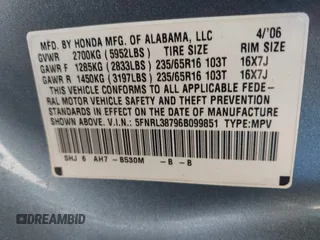2006 Honda Odyssey EX-L with VIN 5FNRL38796B099851, listed as a IAAI auction lot 41555109 with 154,707 mi miles and . Bid and sale history available at DreamBid. Image 9.