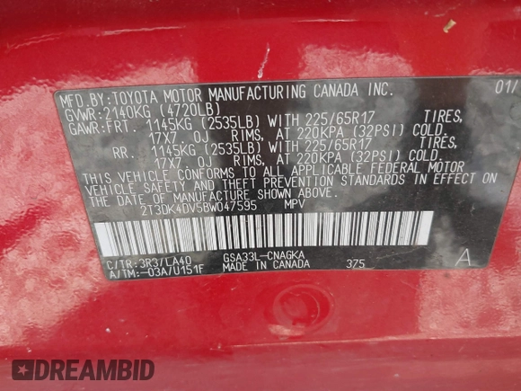 2011 Toyota RAV4 Ltd with VIN 2T3DK4DV5BW047595, listed as a IAAI auction lot 39888280 with 74,599 mi miles. Bid and sale history available at carsss.com. Image 9.