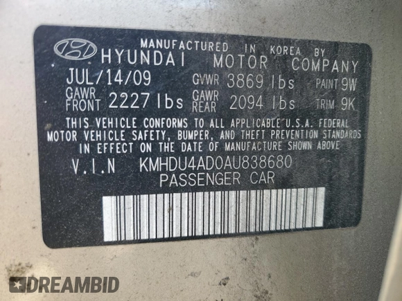 2010 Hyundai Elantra GLS z VIN KMHDU4AD0AU838680, wystawiony jako Copart lot #52559535 z przebiegiem 201 456 mil mil oraz Szkoda całkowita • Salvage title. Historia ofert i sprzedaży dostępna na DreamBid. Obrazek 14.