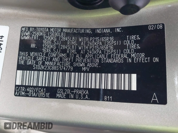 2008 Toyota Sienna CE with VIN 5TDZK23C88S174779, listed as a IAAI auction lot 40888229 with 180,865 mi miles. Bid and sale history available at carsss.com. Image 9.