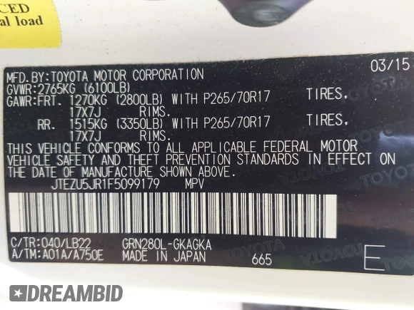 2015 Toyota 4Runner SR5 with VIN JTEZU5JR1F5099179, listed as a IAAI auction lot 42481815 with 104,264 mi miles and . Bid and sale history available at DreamBid. Image 9.