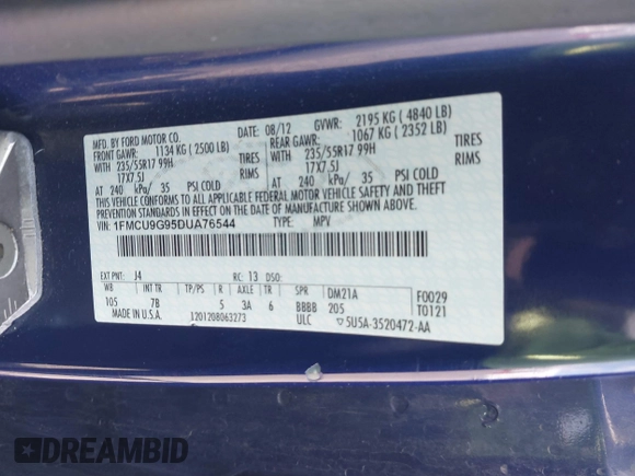 2013 Ford Escape SE with VIN 1FMCU9G95DUA76544, listed as a IAAI auction lot 42080309 with 167,821 mi miles and . Bid and sale history available at DreamBid. Image 9.