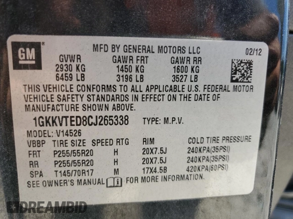 2012 GMC Acadia Denali with VIN 1GKKVTED8CJ265338, listed as a Copart auction lot 61384625 with 259,769 mi miles and Clean title. Bid and sale history available at DreamBid. Image 13.