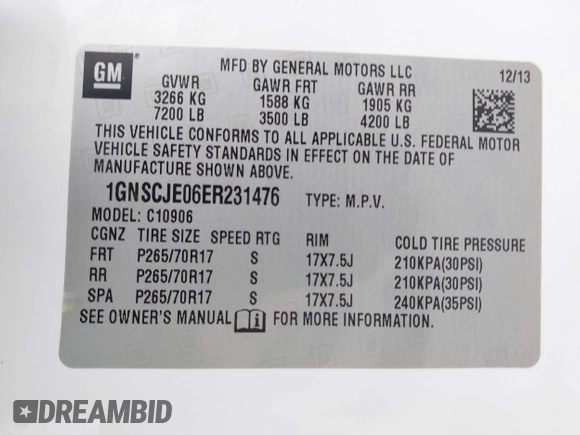 2014 Chevrolet Suburban LT with VIN 1GNSCJE06ER231476, listed as a IAAI auction lot 41768616 with 88,581 mi miles. Bid and sale history available at carsss.com. Image 9.