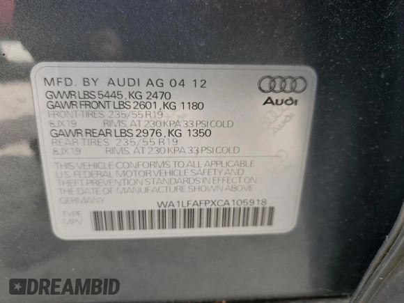 2012 Audi Q5 Premium Plus with VIN WA1LFAFPXCA105918, listed as a Copart auction lot 58535425 with 122,097 mi miles and Clean title. Bid and sale history available at DreamBid. Image 14.