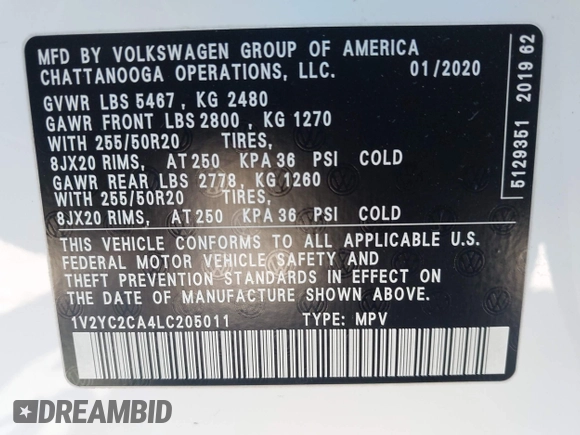 2020 Volkswagen Atlas with VIN 1V2YC2CA4LC205011, listed as a IAAI auction lot 42233807 with 39,084 mi miles and . Bid and sale history available at DreamBid. Image 9.