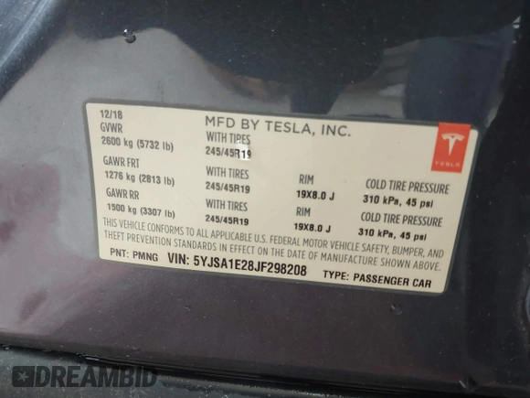 2018 Tesla Model S 75D with VIN 5YJSA1E28JF298208, listed as a IAAI auction lot 42438793 with Not provided miles and . Bid and sale history available at DreamBid. Image 9.