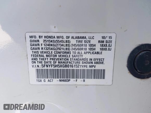2016 Honda Pilot EX-L with VIN 5FNYF5H5XGB016152, listed as a IAAI auction lot 41820023 with 210,474 mi miles and . Bid and sale history available at DreamBid. Image 9.