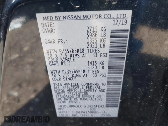 2020 Infiniti QX60 Luxe with VIN 5N1DL0MM0LC530960, listed as a IAAI auction lot 41718329 with 89,446 mi miles and . Bid and sale history available at DreamBid. Image 9.