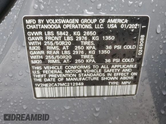 2021 Volkswagen Atlas SE with VIN 1V2HE2CA7MC212949, listed as a Copart auction lot 81827654 with 50,834 mi miles and Salvage title. Bid and sale history available at DreamBid. Image 14.