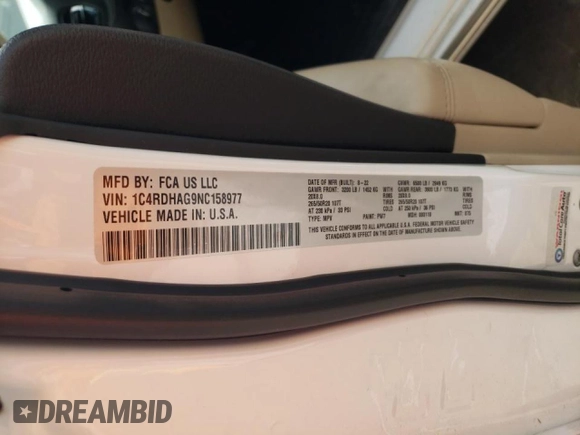 2022 Dodge Durango SXT z VIN 1C4RDHAG9NC158977, wystawiony jako Copart lot #48378195 z przebiegiem 29 715 mil mil oraz Szkoda całkowita • Salvage title. Historia ofert i sprzedaży dostępna na DreamBid. Obrazek 15.