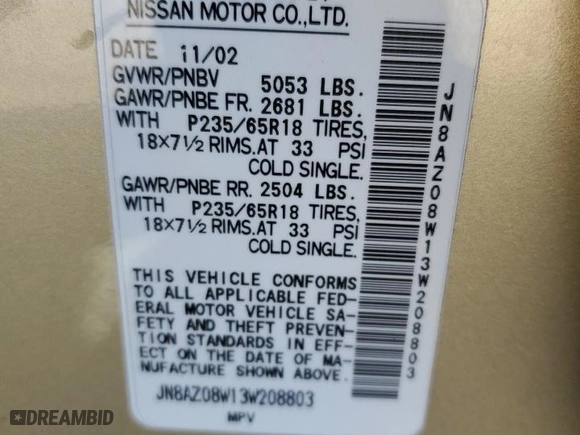2003 Nissan Murano SL with VIN JN8AZ08W13W208803, listed as a Copart auction lot 89105015 with 113,816 mi miles and Salvage Title. Bid and sale history available at carsss.com. Image 14.