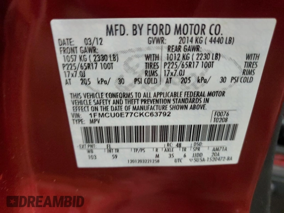 2012 Ford Escape Limited with VIN 1FMCU0E77CKC63792, listed as a Copart auction lot 49295725 with 76,089 mi miles and Clean Title. Bid and sale history available at DreamBid. Image 13.