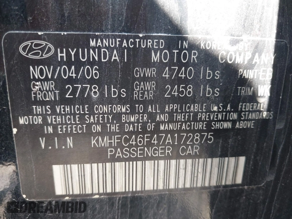 2007 Hyundai Azera SE with VIN KMHFC46F47A172875, listed as a IAAI auction lot 42632253 with 218,536 mi miles and . Bid and sale history available at DreamBid. Image 9.