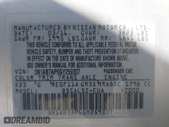 2016 Nissan Sentra SV with VIN 3N1AB7AP6GY259307, listed as a IAAI auction lot 41008486 with 43,462 mi miles and . Bid and sale history available at DreamBid. Image 9.