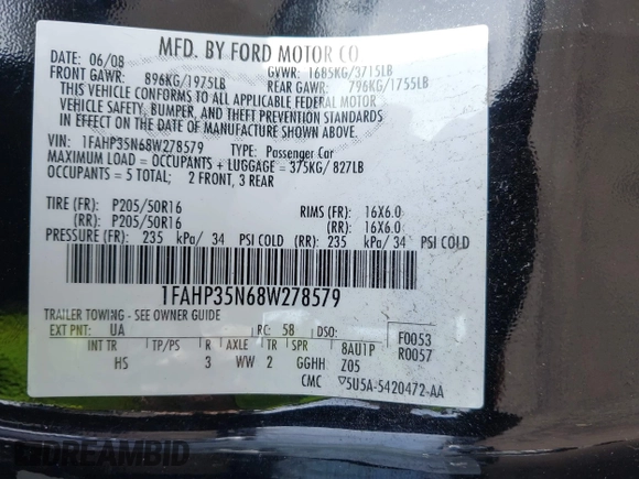2008 Ford Focus SE with VIN 1FAHP35N68W278579, listed as a IAAI auction lot 41801538 with 999,999 mi miles. Bid and sale history available at carsss.com. Image 9.