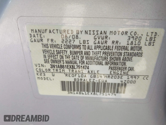 2008 Nissan Sentra S with VIN 3N1AB61EX8L751474, listed as a IAAI auction lot 41622441 with 92,468 mi miles and . Bid and sale history available at DreamBid. Image 9.