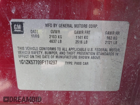 2009 Chevrolet Malibu LTZ with VIN 1G1ZK57709F174297, listed as a IAAI auction lot 41756235 with 146,455 mi miles and . Bid and sale history available at DreamBid. Image 9.