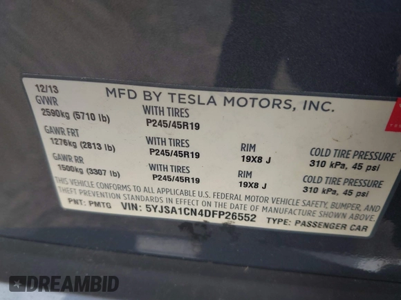 2013 Tesla Model S с VIN 5YJSA1CN4DFP26552, выставлен на аукционе IAAI как лот 42370183 с пробегом Не указан миль и . История ставок и продаж доступна на DreamBid. Изображение 9.