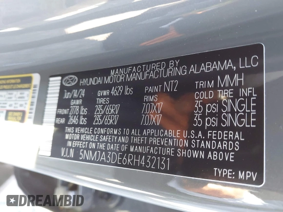 2024 Hyundai Tucson SE with VIN 5NMJA3DE6RH432131, listed as a IAAI auction lot 41867325 with 463 mi miles and . Bid and sale history available at DreamBid. Image 9.