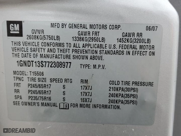 2007 Chevrolet TrailBlazer LT with VIN 1GNDT13S772308977, listed as a Copart auction lot 87058514 with 246,682 mi miles and Clean Title. Bid and sale history available at carsss.com. Image 15.